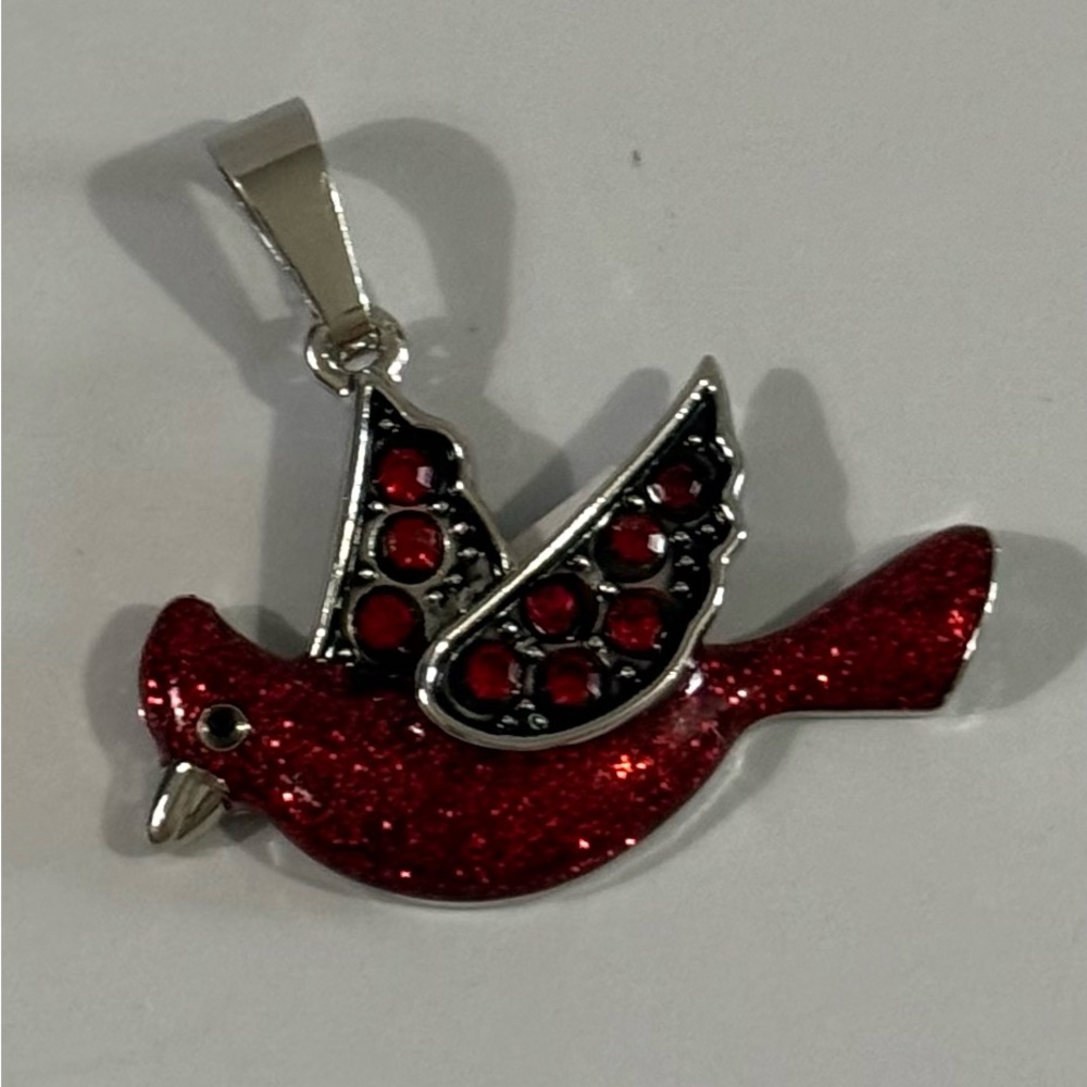 Red Enamel/Rhinestone Cardinal Bird Pendant.